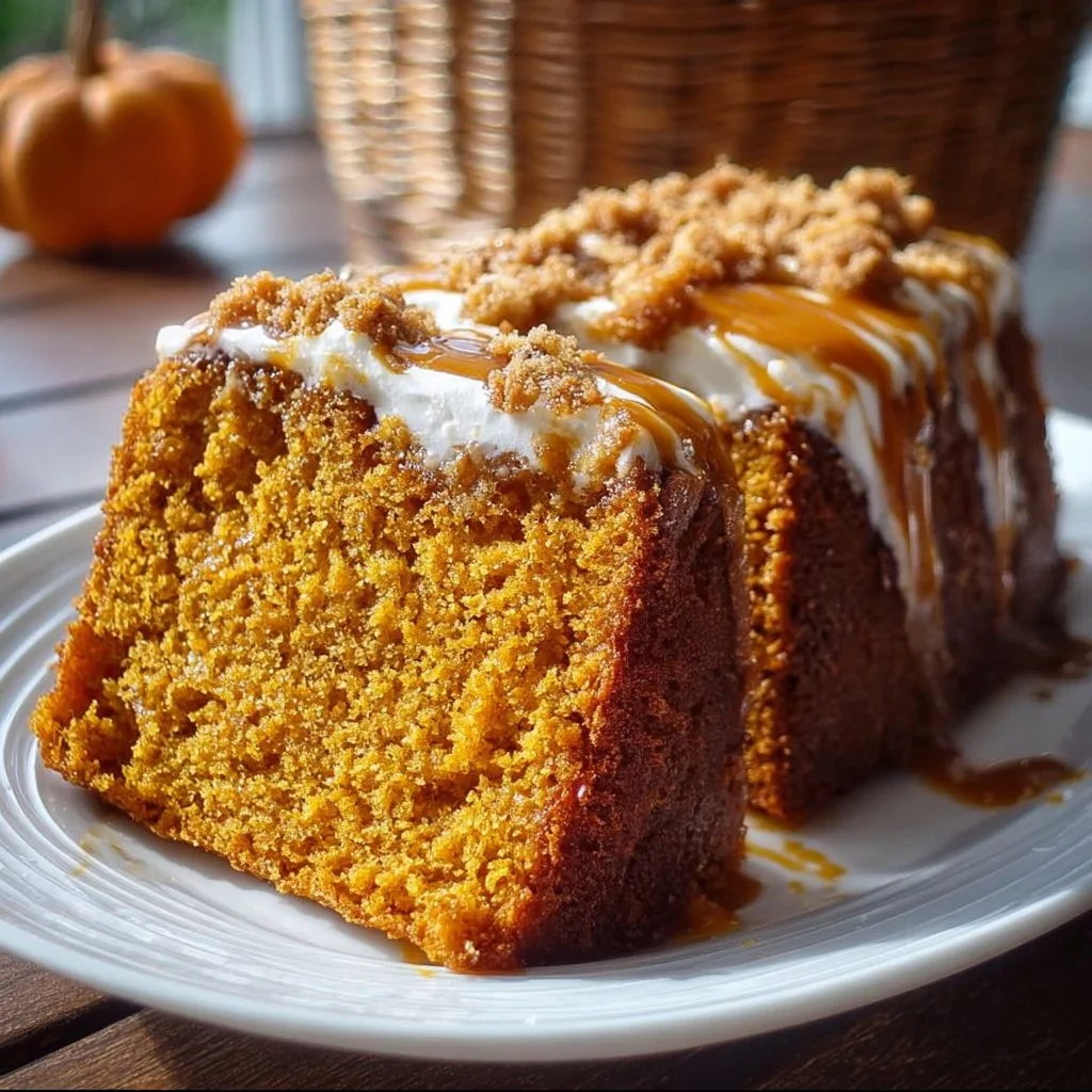 Delicious pumpkin cake topped with cream cheese frosting.