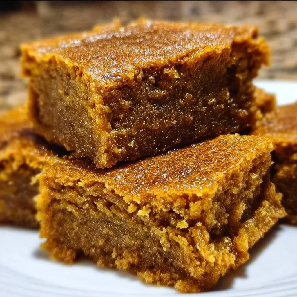 Delicious brown butter pumpkin blondies cut into squares on a rustic plate