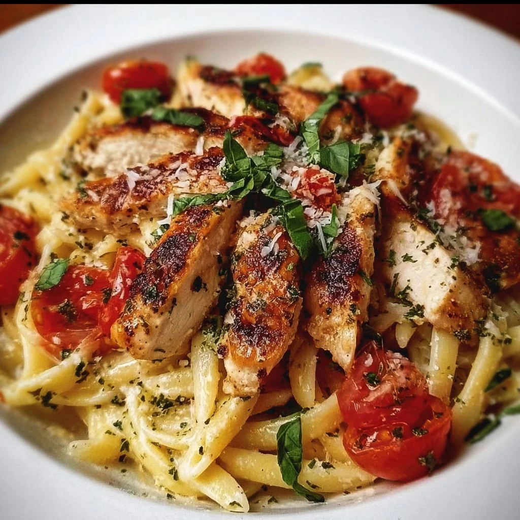 Bruschetta Chicken Pasta with fresh ingredients and vibrant flavors