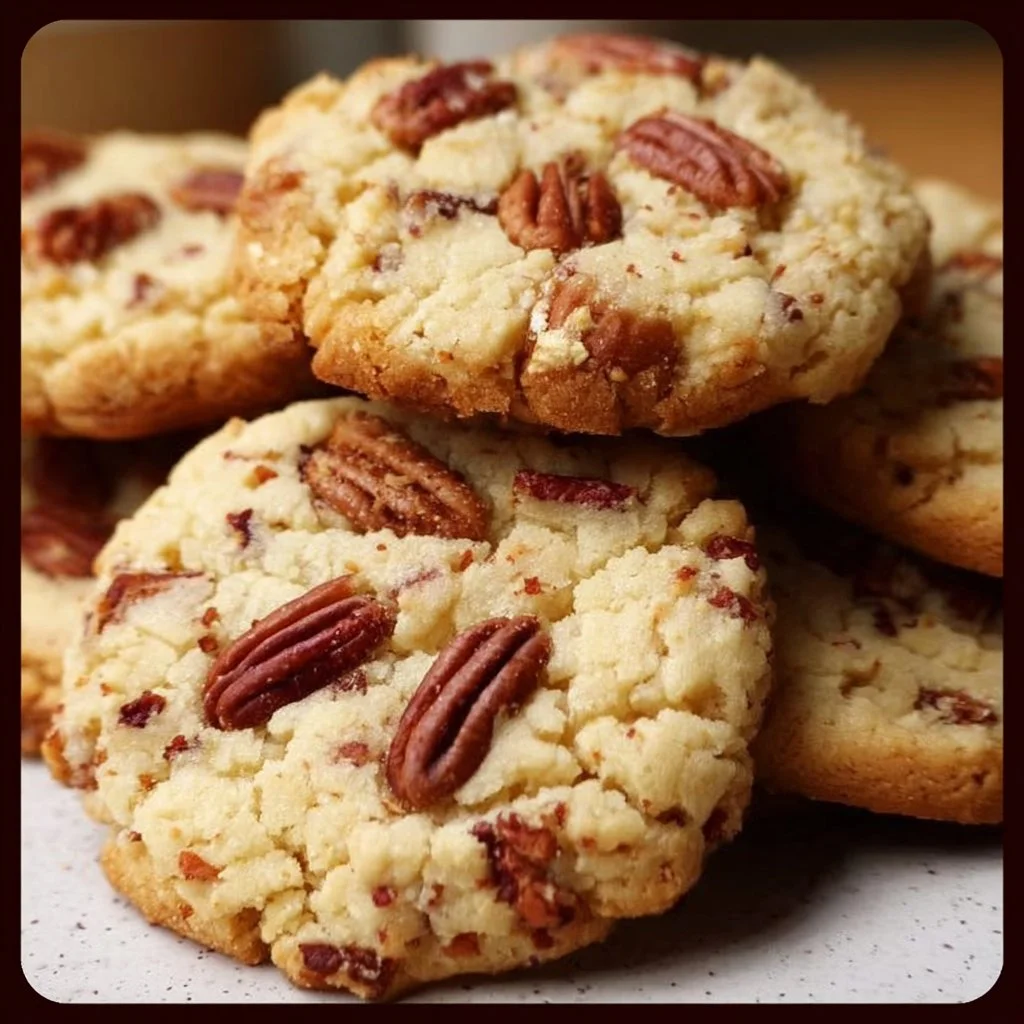 Golden butter pecan cookies with crushed pecans on a plate