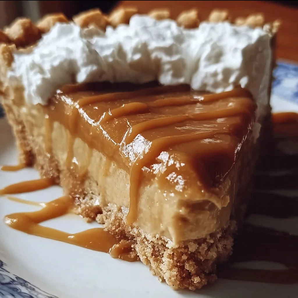 Homemade butterscotch pie topped with whipped cream and butterscotch drizzle.
