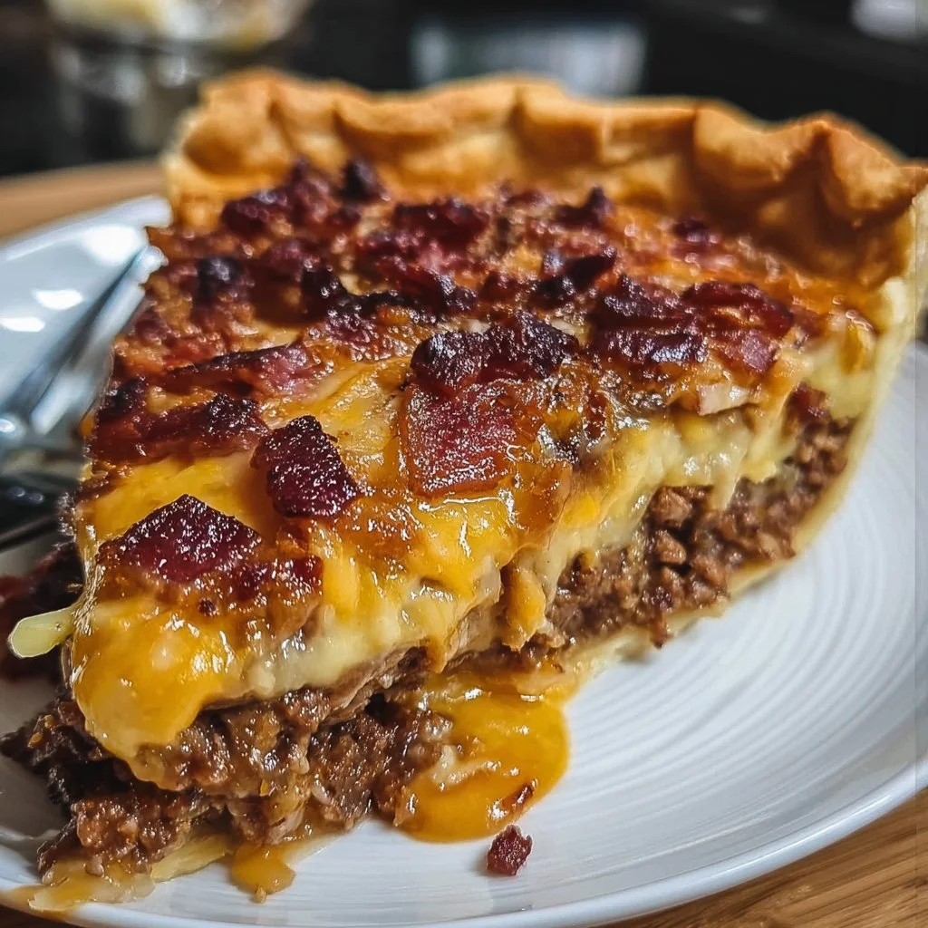 Delicious Carnivore Bacon Cheeseburger Pie served in a dish