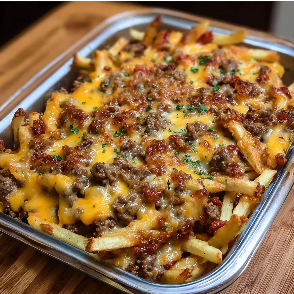 Cheeseburger bake topped with crispy French fries, a delicious comfort food dish.