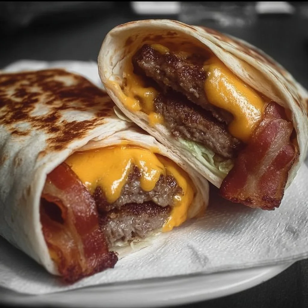 Cheesy bacon burger wraps on a plate garnished with fresh herbs