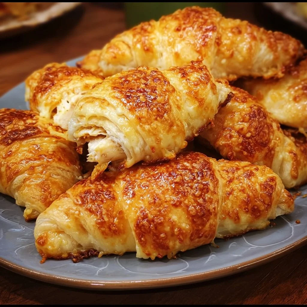 Cheesy chicken crescent rolls on a plate, fresh out of the oven, ready to serve.