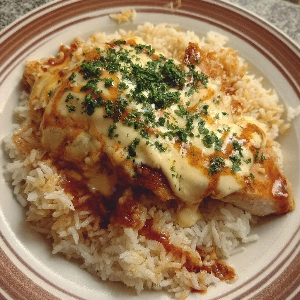 Delicious cheesy chicken rice with tender chicken and melted cheese in a bowl.