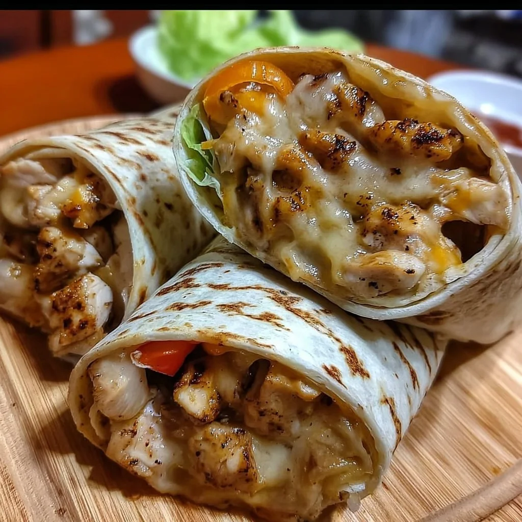 Delicious cheesy garlic chicken wraps served on a plate
