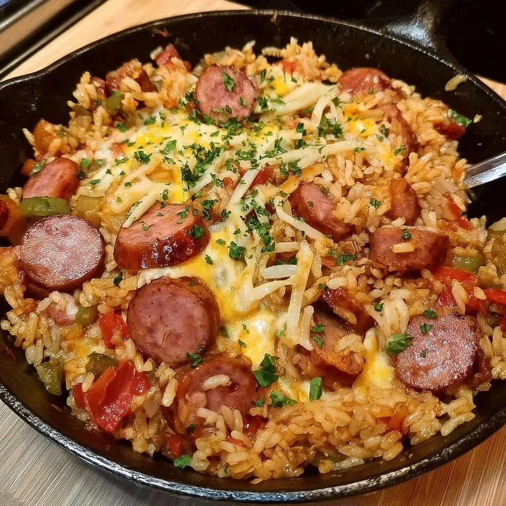 Cheesy Smoked Sausage Rice Skillet served in a pan with colorful veggies
