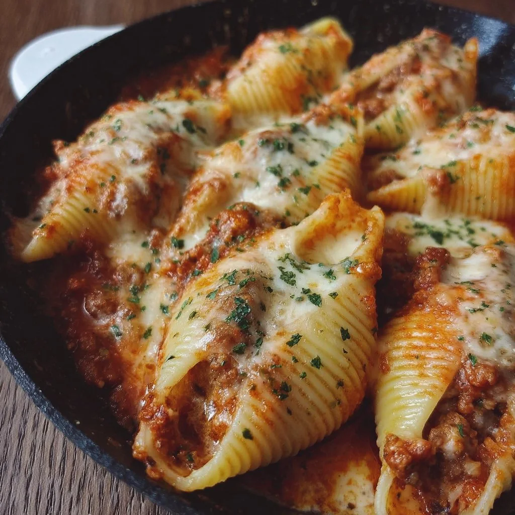 Cheesy stuffed shells dinner with melted cheese and fresh basil