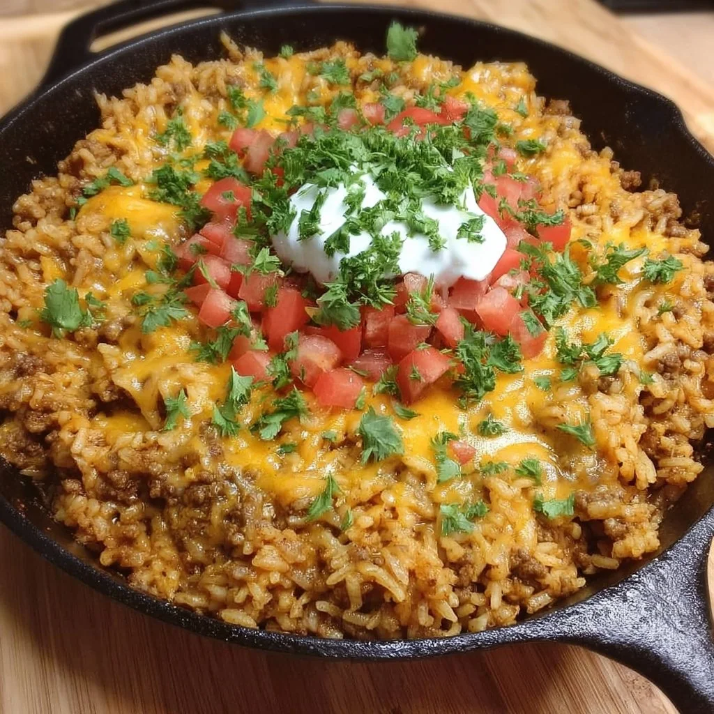Cheesy Taco Rice Skillet with melted cheese and vibrant toppings