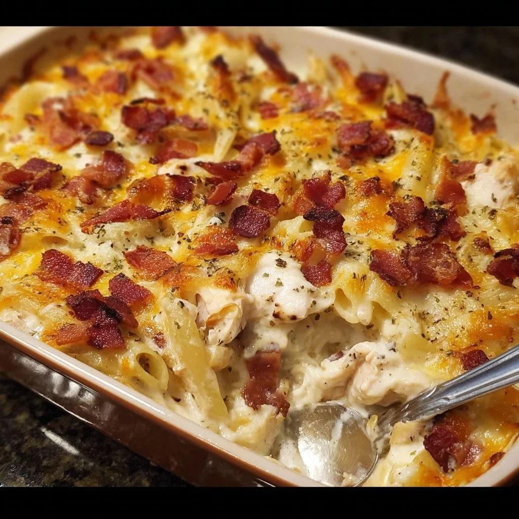 Delicious Chicken Bacon Ranch Casserole topped with crispy bacon and cheese
