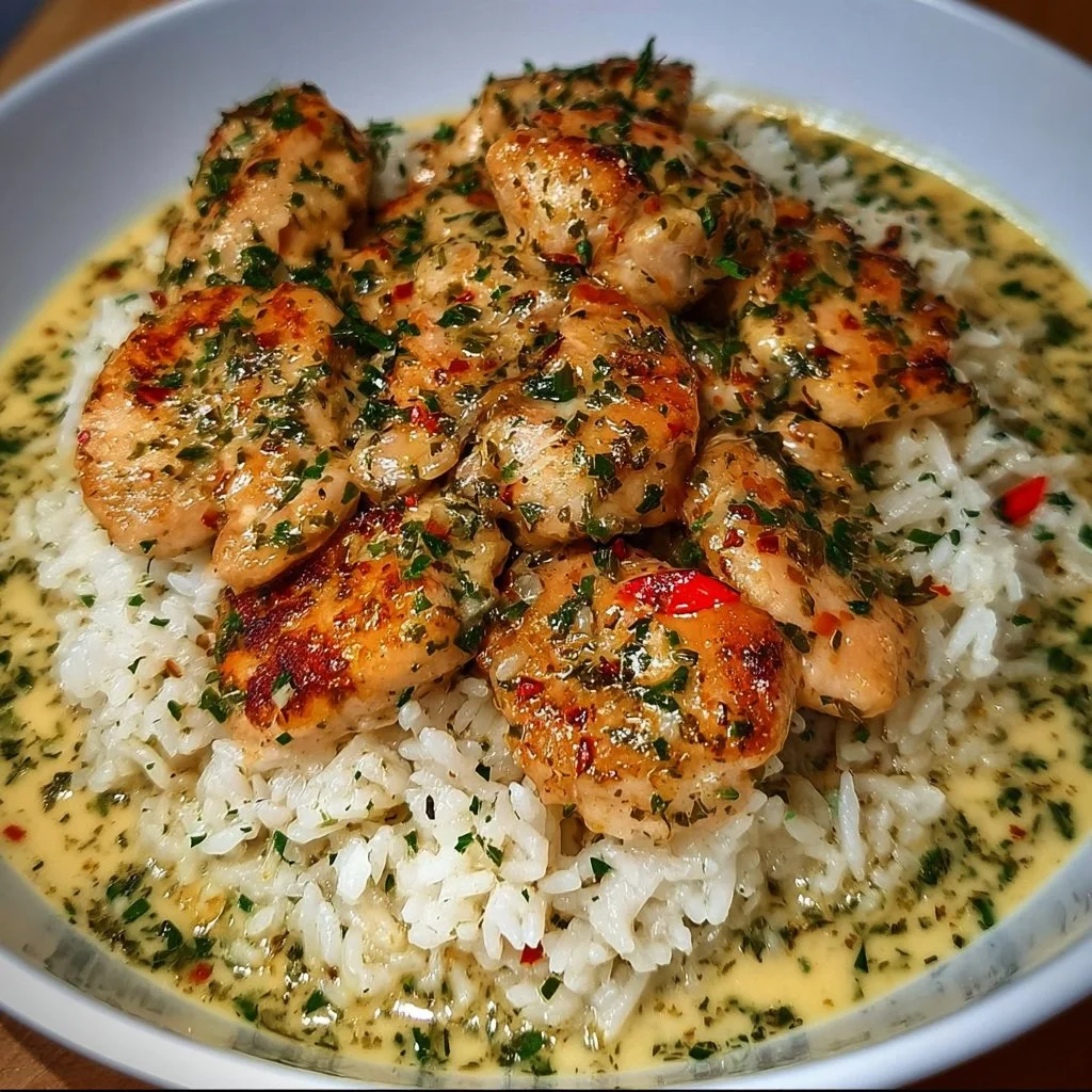 Delicious Chicken Scampi served with creamy garlic rice