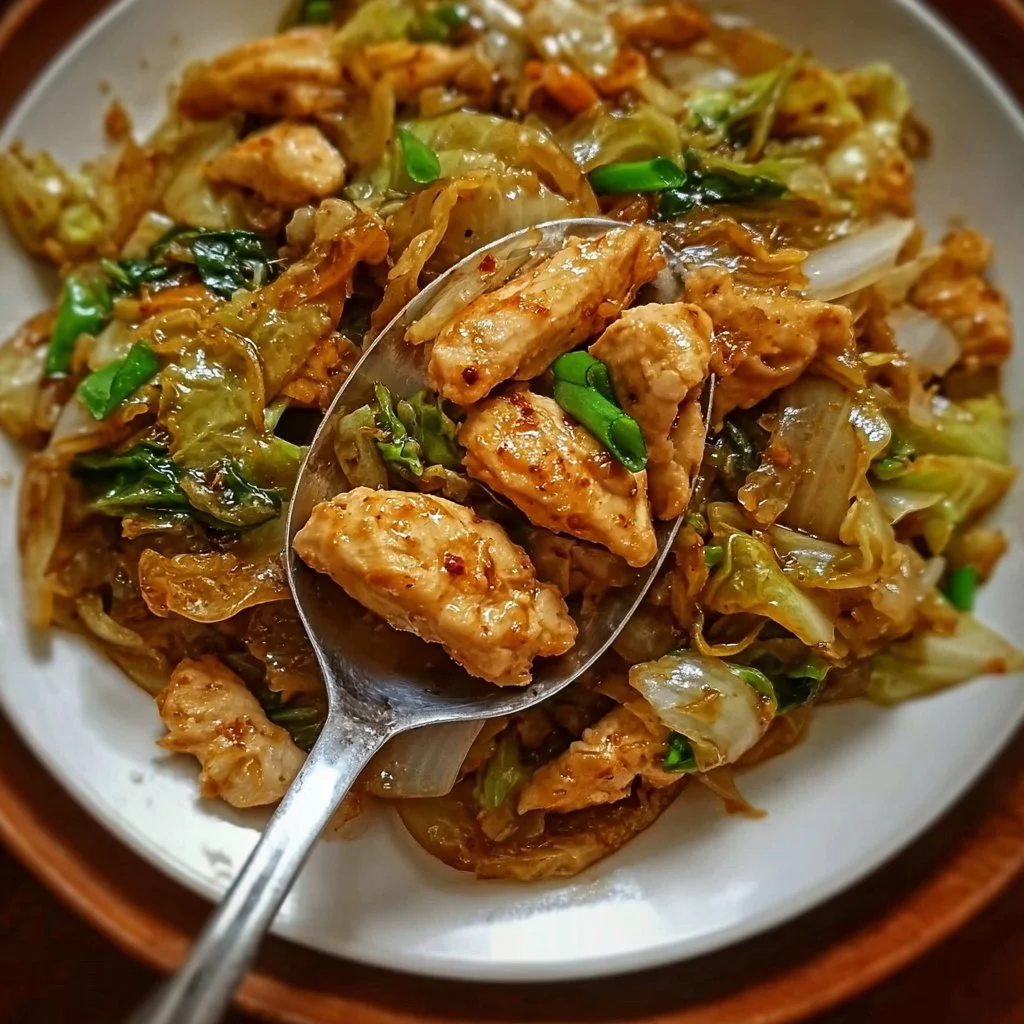 Healthy chicken cabbage stir-fry dish with vibrant vegetables