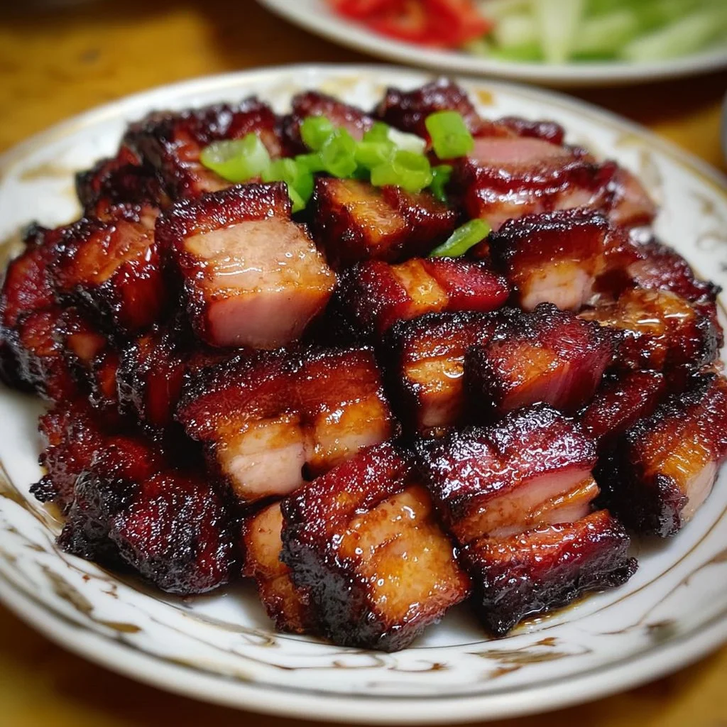 Plate of Chinese Style BBQ Pork with vibrant garnishes and sides.