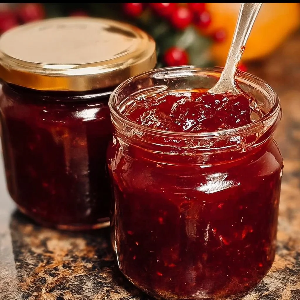 Jars of homemade Christmas Jam with holiday decorations