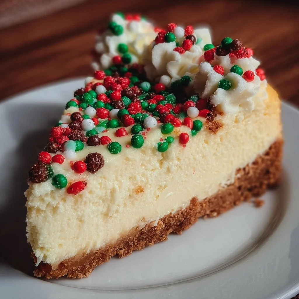 Delicious Christmas Sugar Cookie Cheesecake topped with festive decorations.