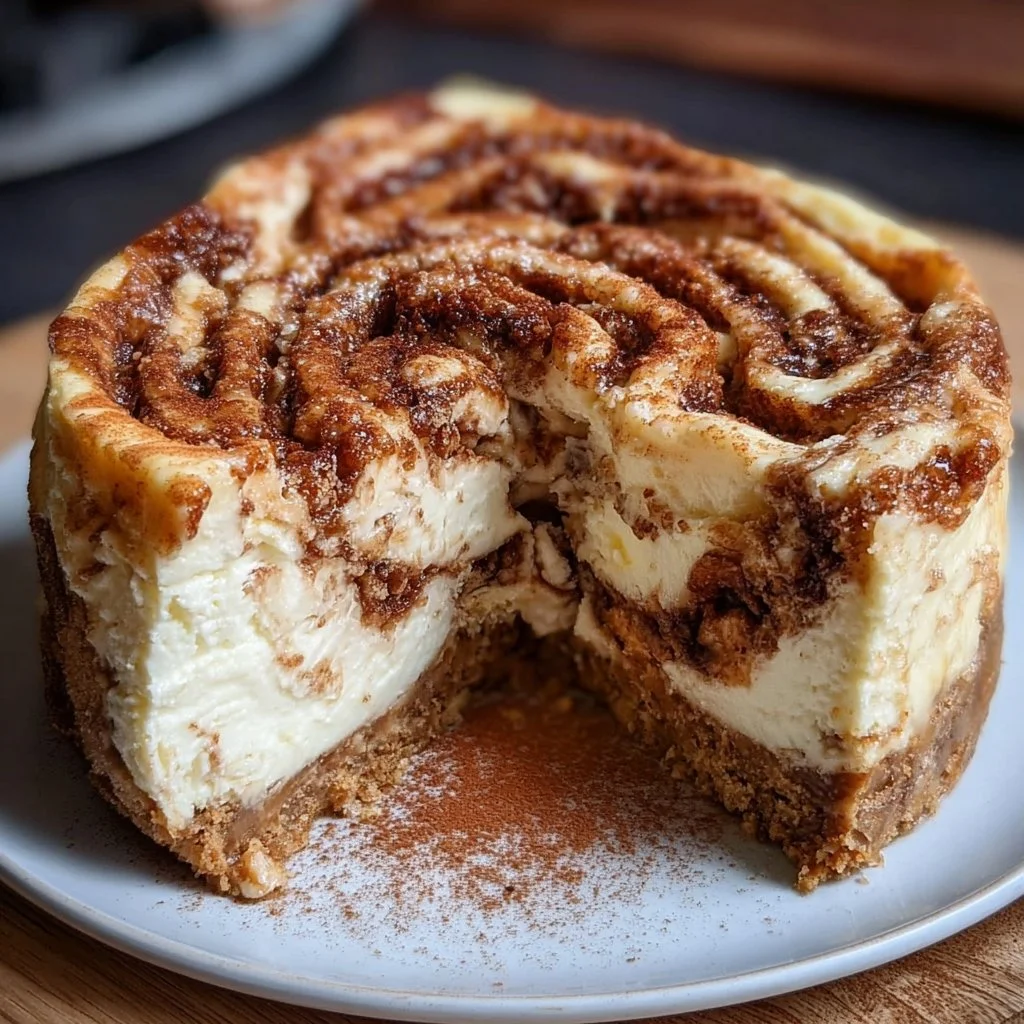 Delicious Cinnamon Roll Cheesecake with creamy topping and cinnamon swirls