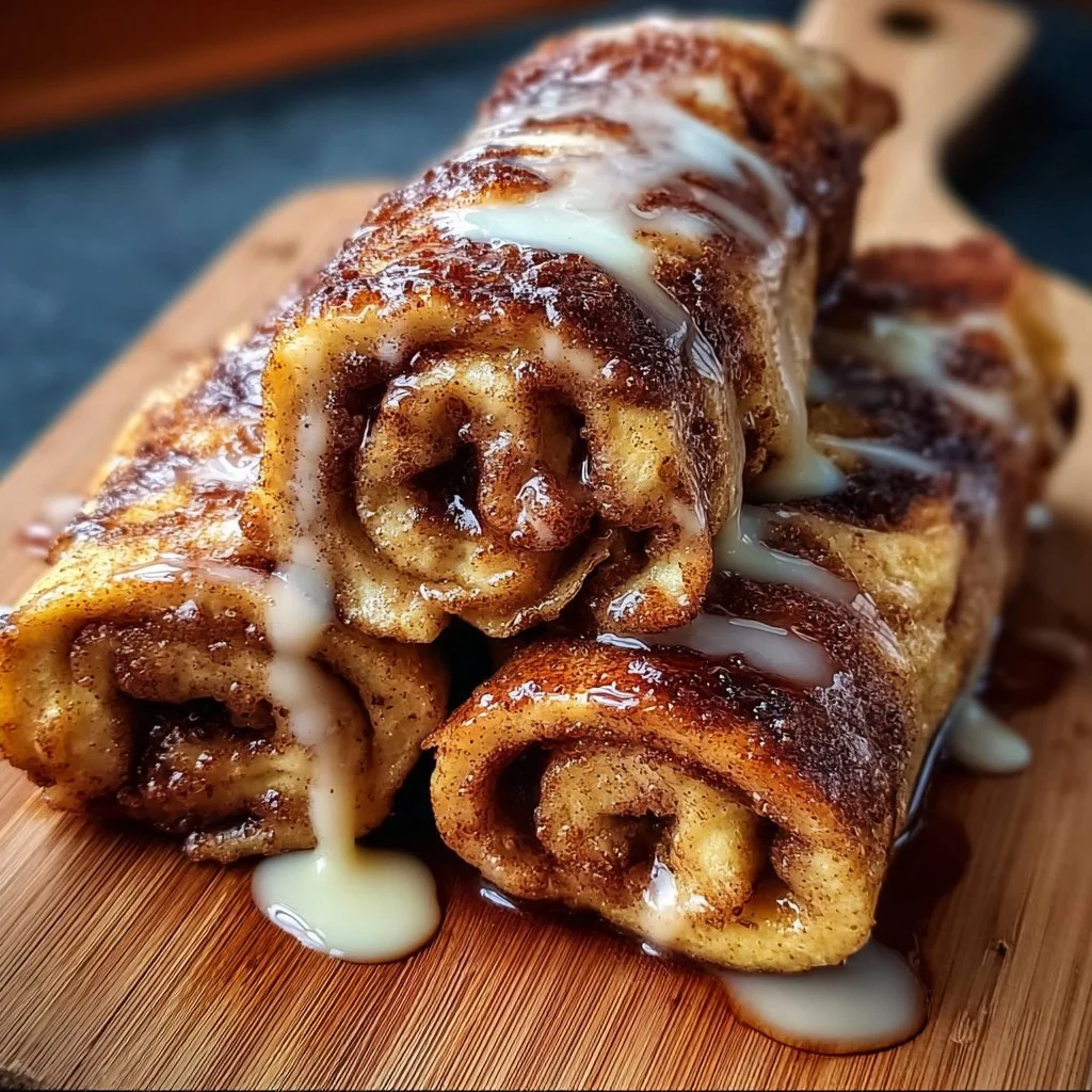Cinnamon roll French toast roll-ups plated with syrup and powdered sugar