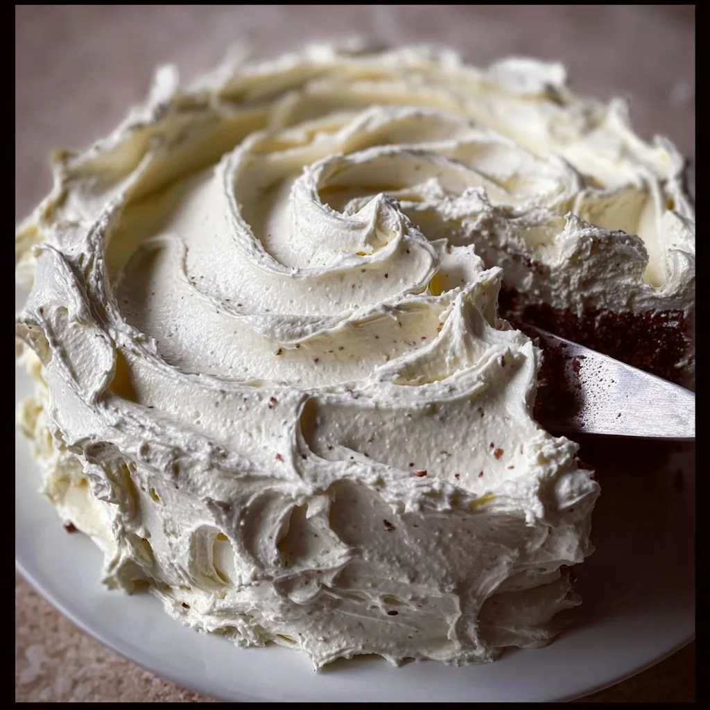 Delicious Cool Whip frosting topping on a chocolate cake.