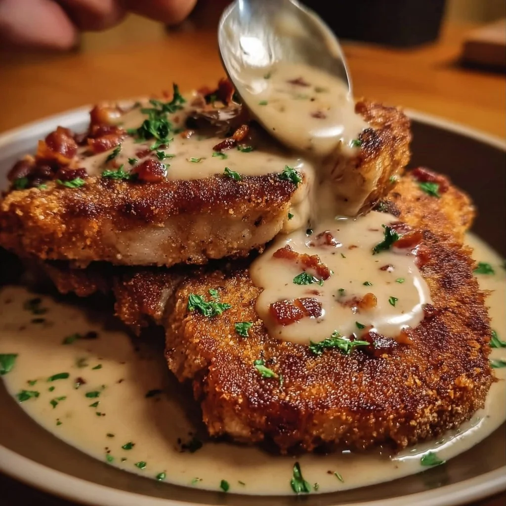 Country Fried Pork Chops served with creamy Bacon Gravy on a plate