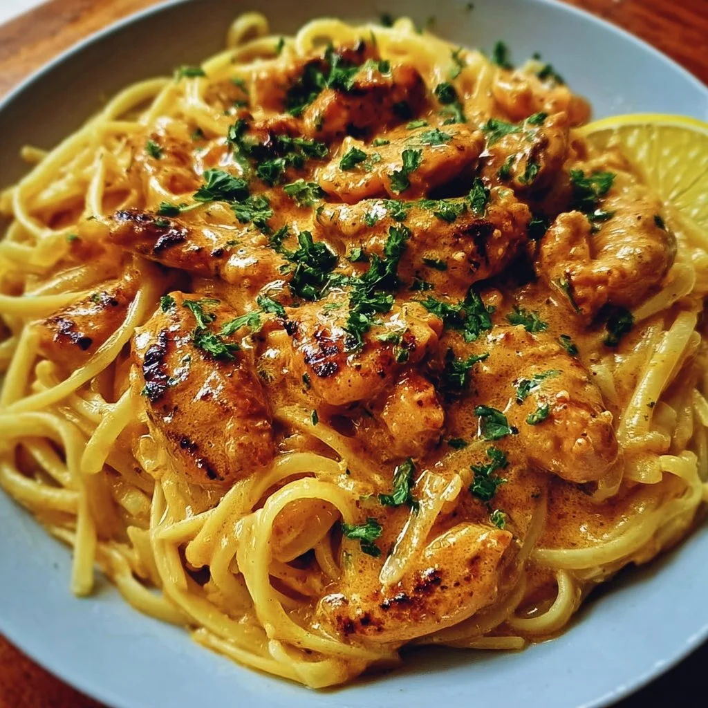 Cowboy Butter Chicken Linguine with creamy sauce and pasta in a bowl