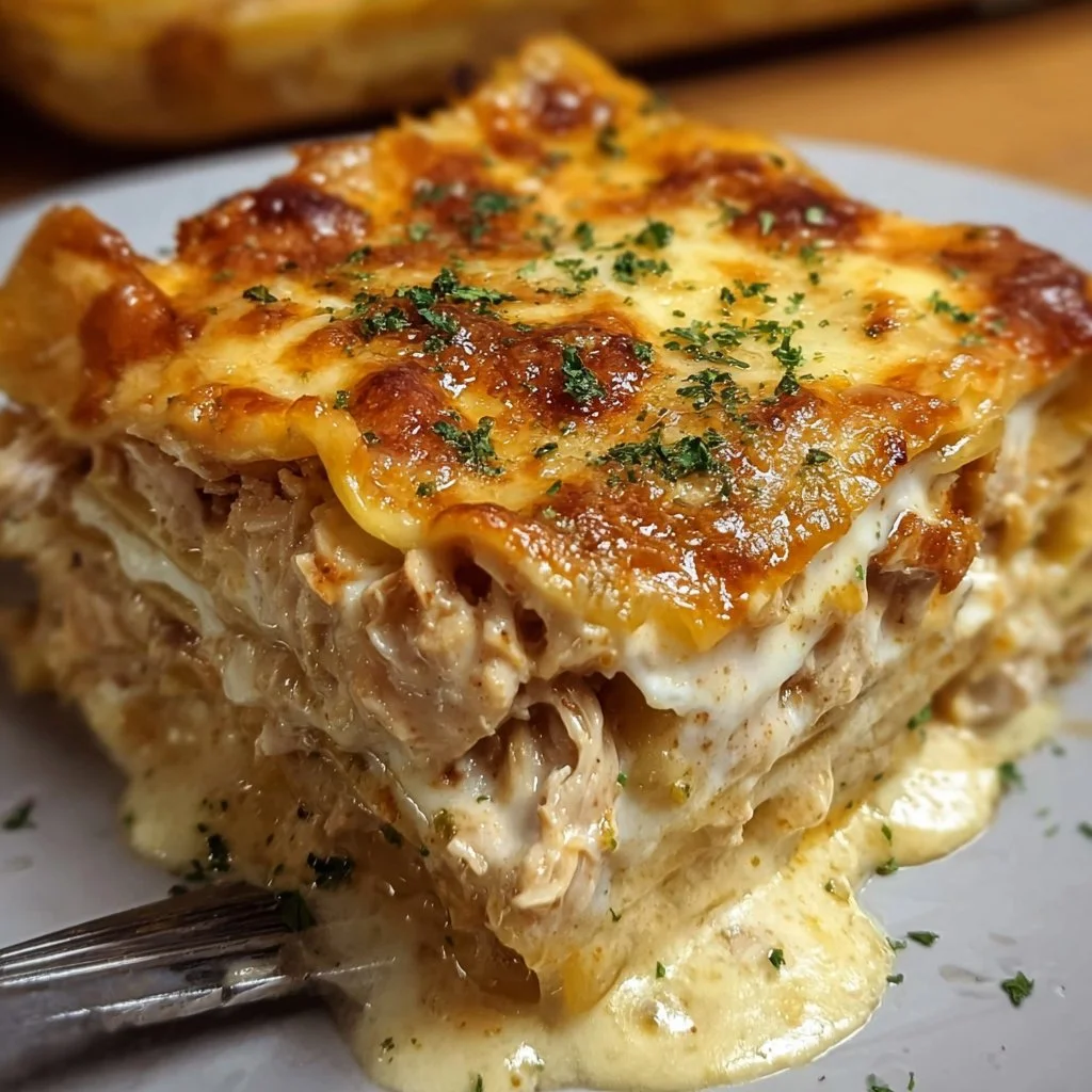 Delicious Crack Chicken Lasagna Bake topped with cheese and herbs