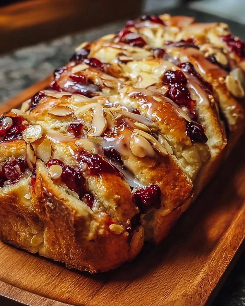 Freshly baked cranberry-almond pull-apart bread with crispy golden crust.
