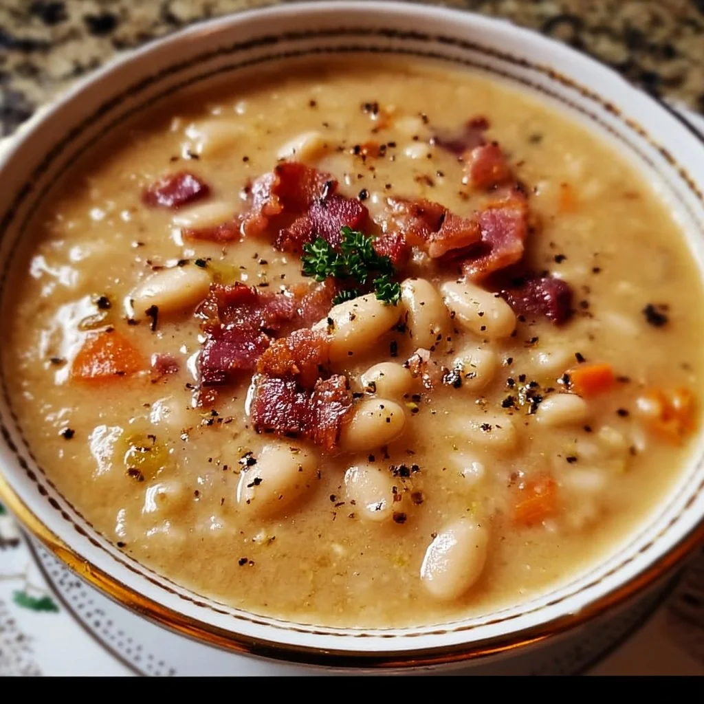 Creamy bacon and white bean soup in a bowl with fresh herbs garnishing.