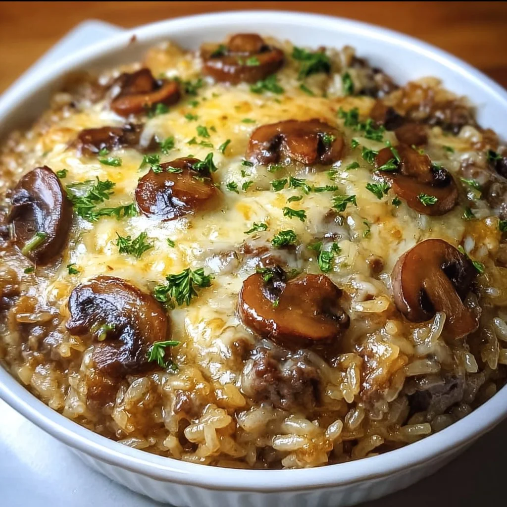 Creamy beef mushroom rice bake served in a casserole dish