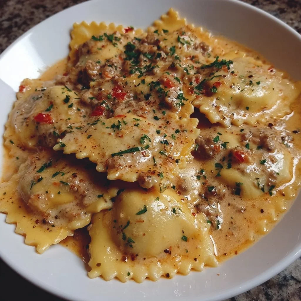 Creamy Cajun Sausage Ravioli dish with rich sauce and spices.