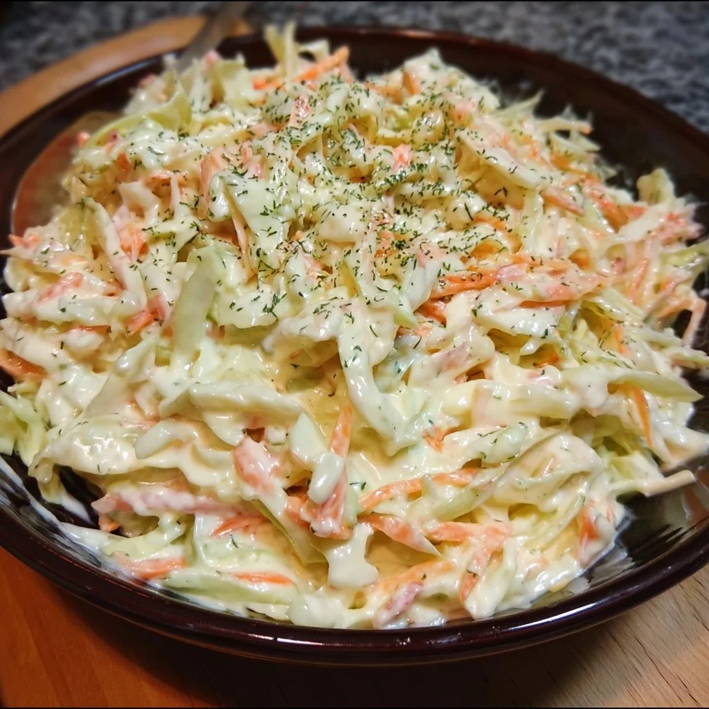 Bowl of creamy coleslaw garnished with fresh herbs