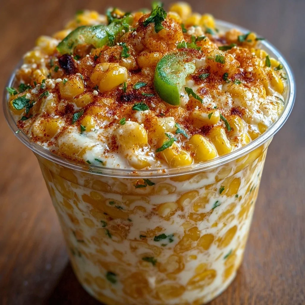 Delicious creamy Mexican street corn served in a cup with cheese and spices