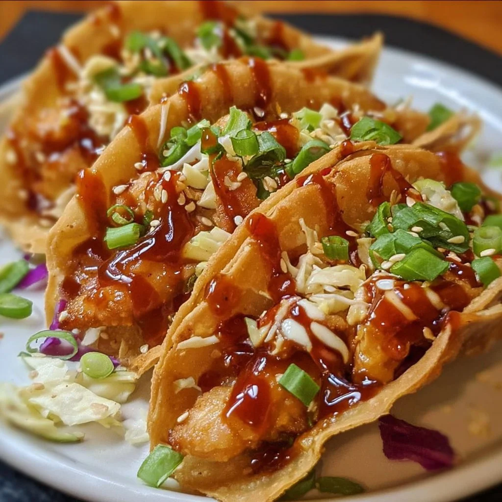 Delicious crispy chicken wonton tacos served with fresh toppings and dipping sauce