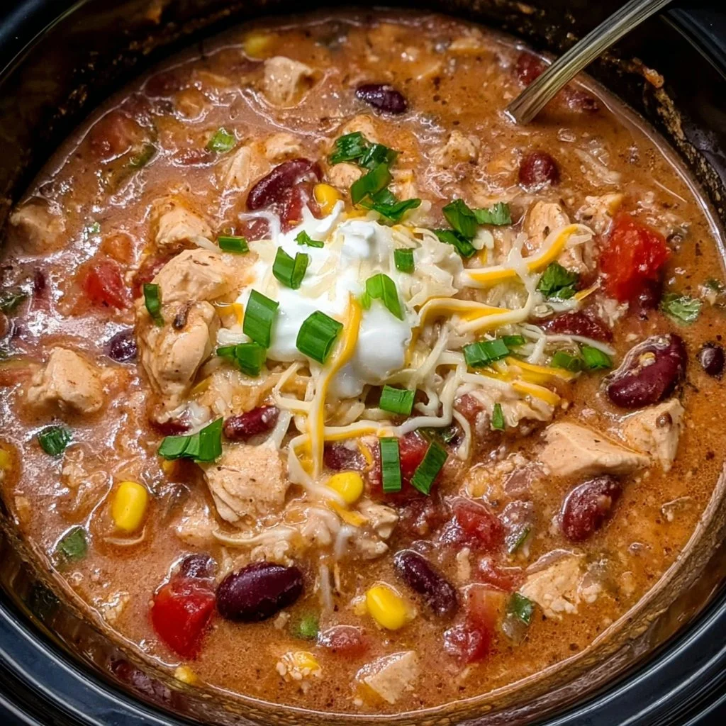 Bowl of creamy Crockpot Cream Cheese Chicken Chili with toppings