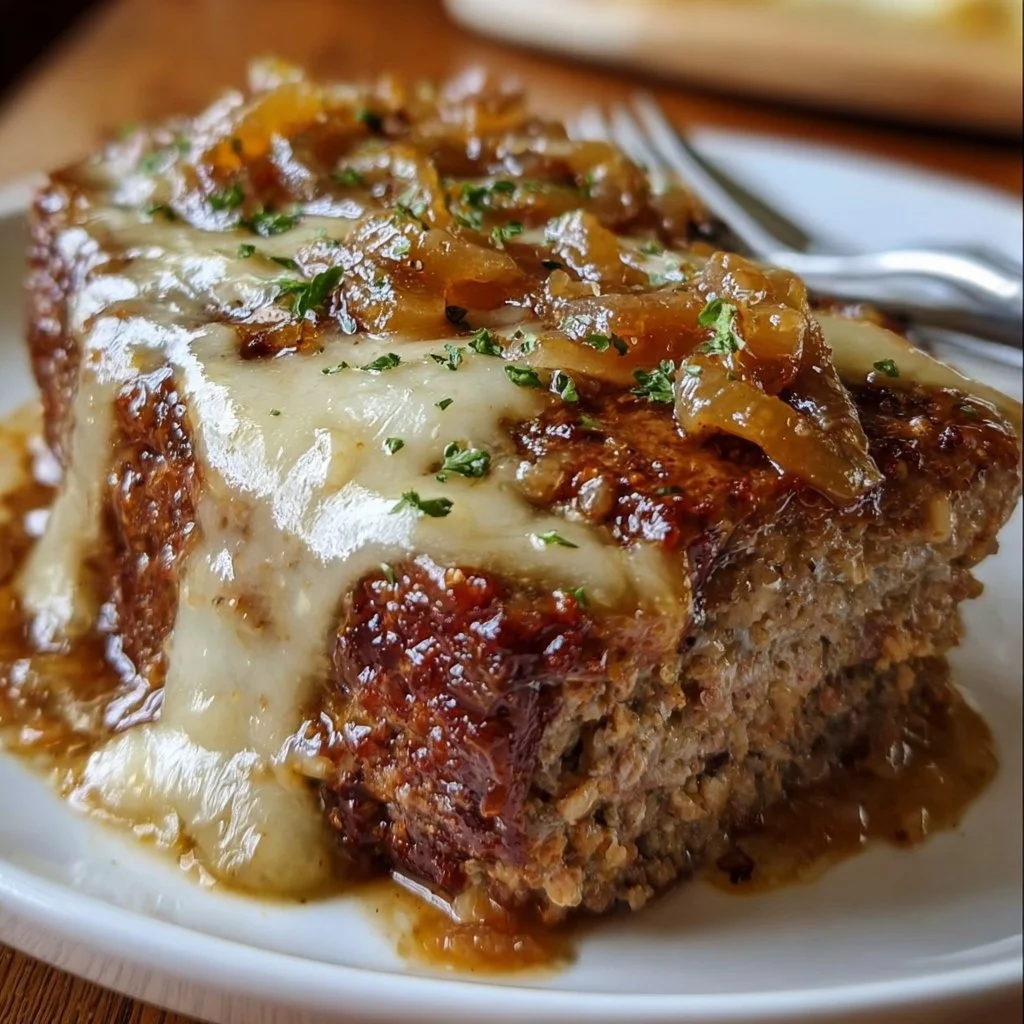 Crockpot French Onion Meatloaf with melted Swiss cheese, garnished and served slice.