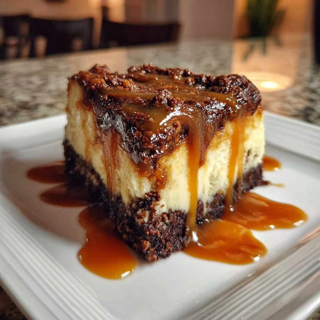 Decadent caramel brownie cheesecake with chocolate drizzle and caramel topping