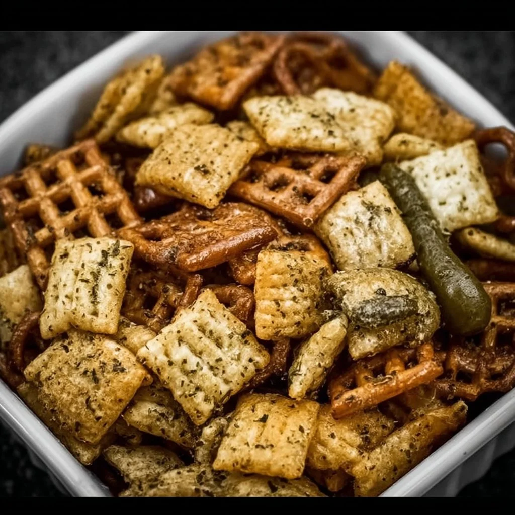Bowl of Dill Pickle Chex Mix with crunchy snacks and dill pickles