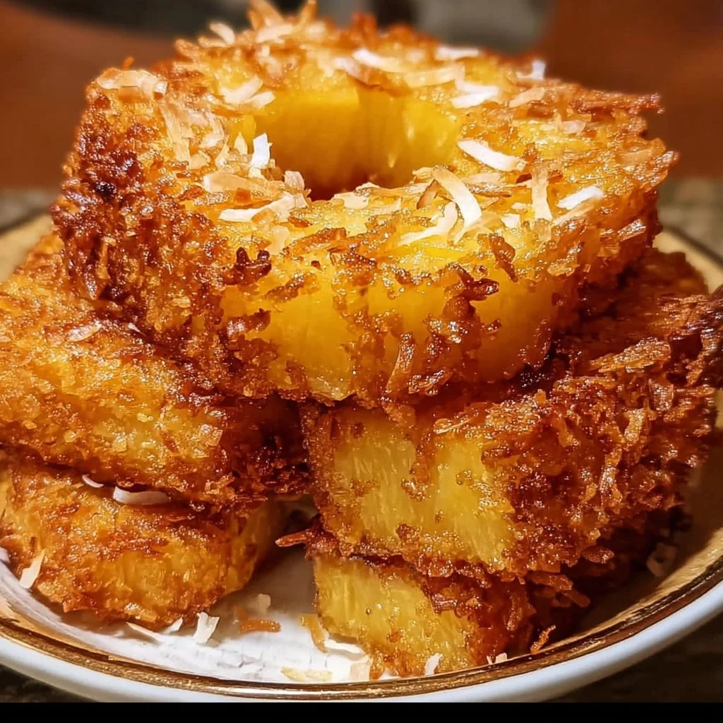 Fried Pineapple with a crispy coconut crust, served as a delicious dessert