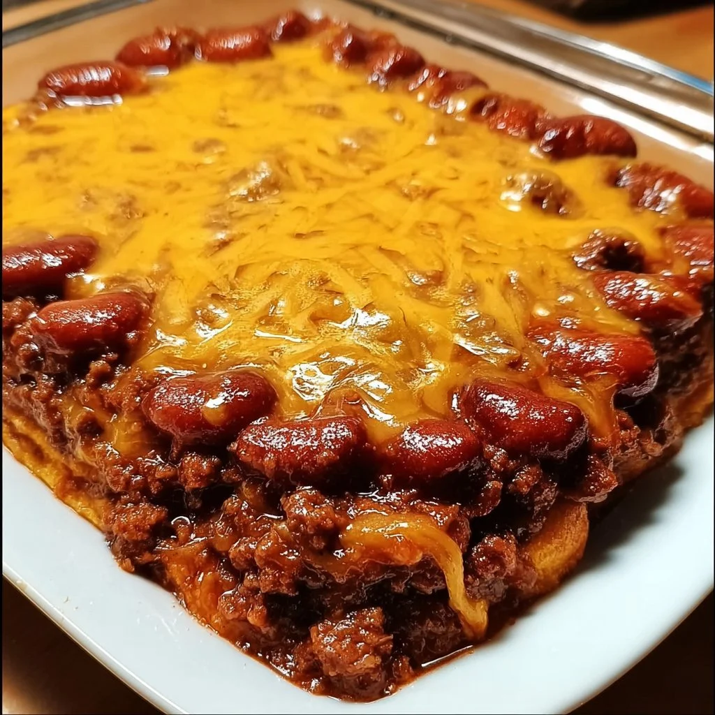 Fully loaded classic chili cheese dog casserole topped with cheese and chili