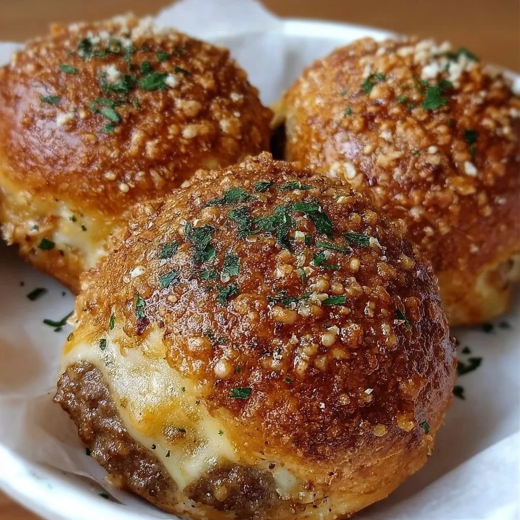 Garlic Parmesan Cheeseburger Bombs baked and ready to serve