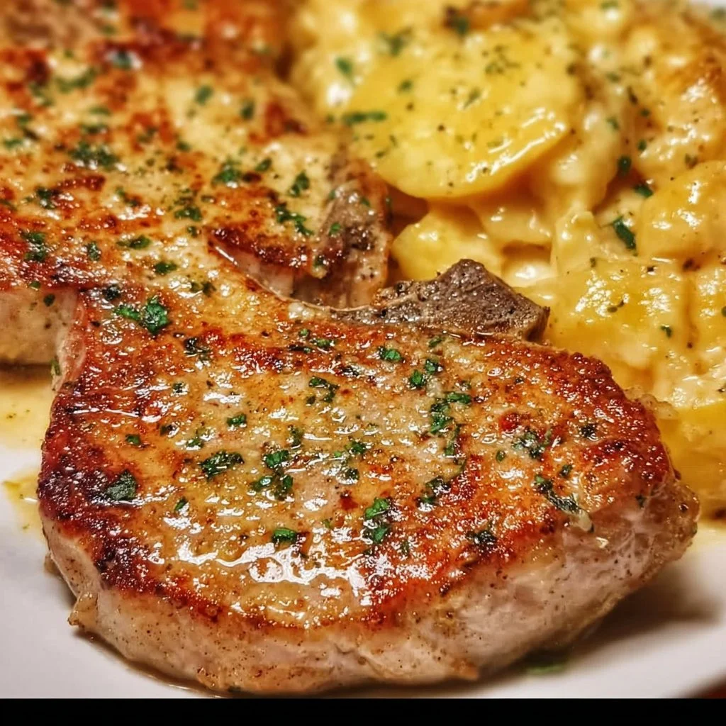 Garlic Parmesan Pork Chops served with cheesy scalloped potatoes on a plate.