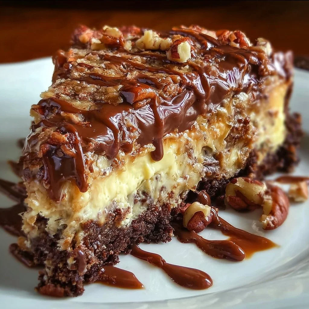 Slice of decadent German Chocolate Cheesecake with coconut and pecan topping