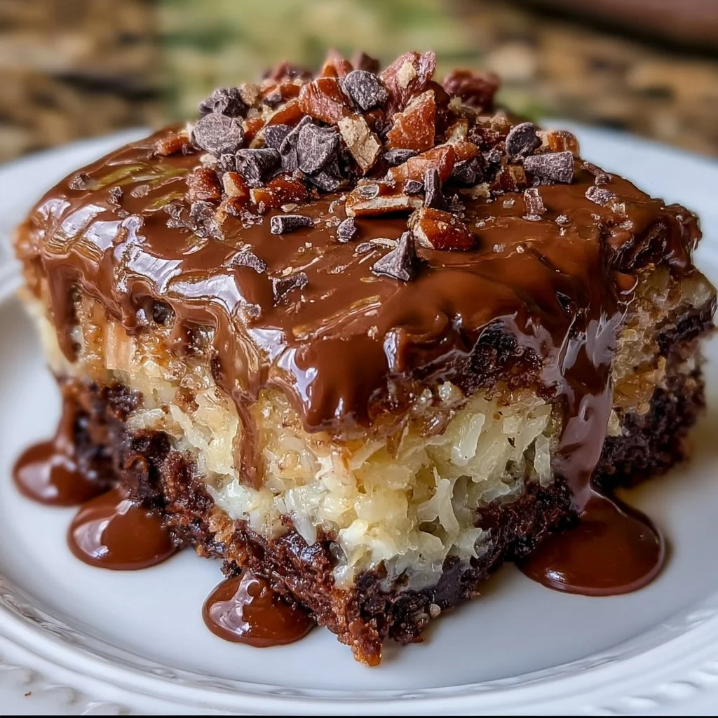 Slice of German Chocolate Poke Cake topped with coconut-pecan frosting.