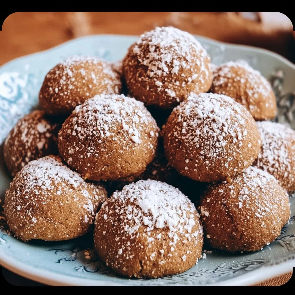 Gingerbread Snowball Cookies dusted with powdered sugar on a festive plate.