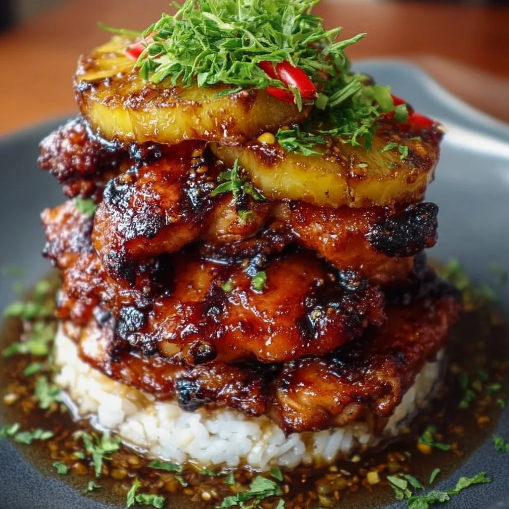 Hawaiian Turned Chicken Stack with tropical flavors and presentation.