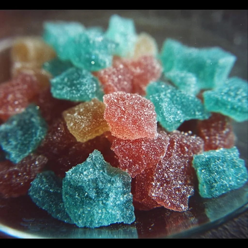 Colorful homemade pop rocks candy on a wooden surface
