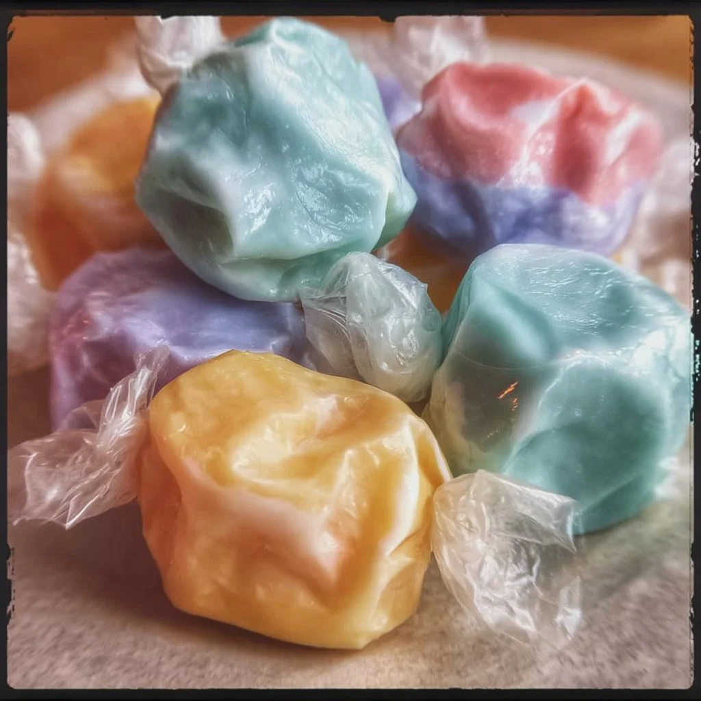 Deliciously colorful homemade saltwater taffy arranged on a wooden surface.