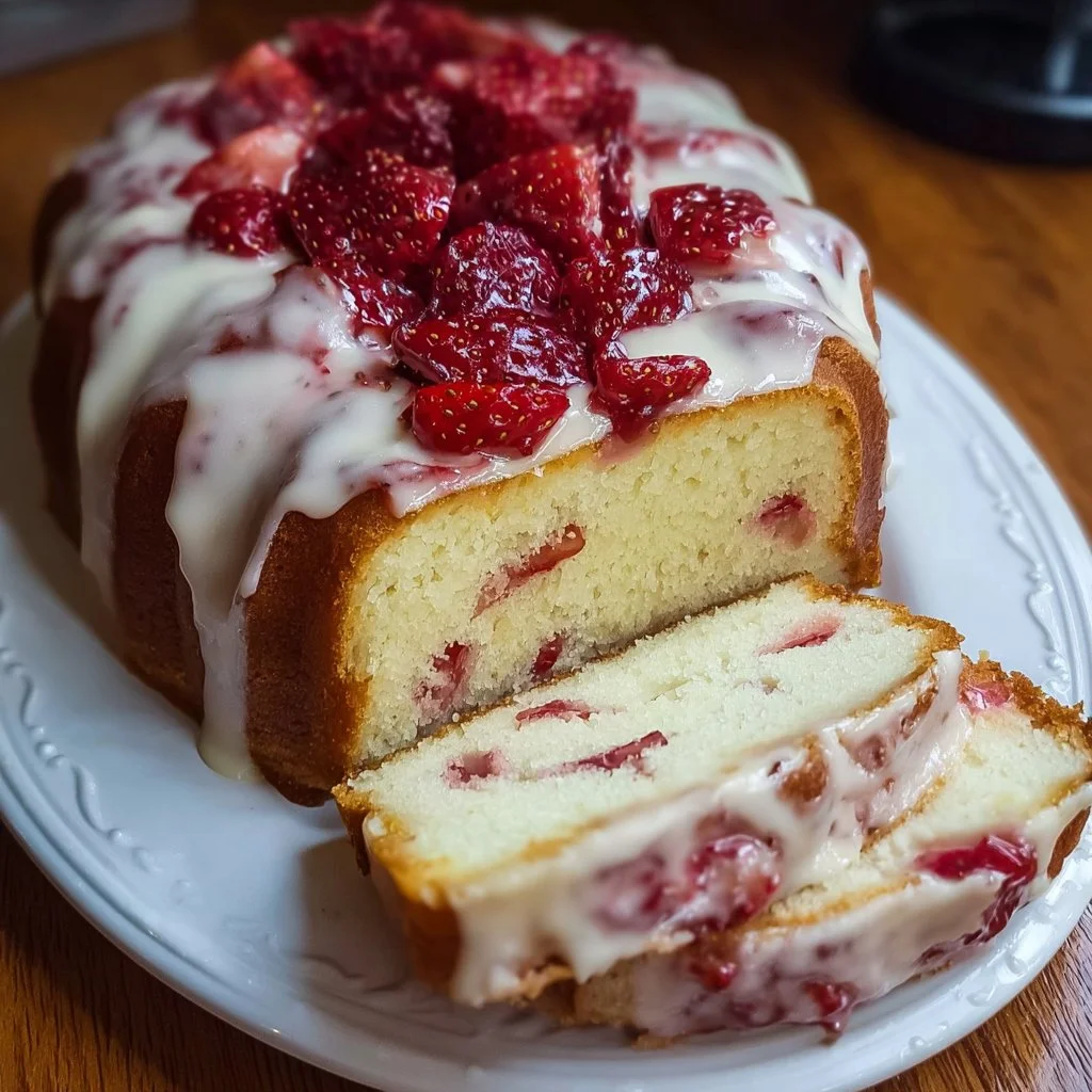 Slice of homemade strawberry cream cheese pound cake