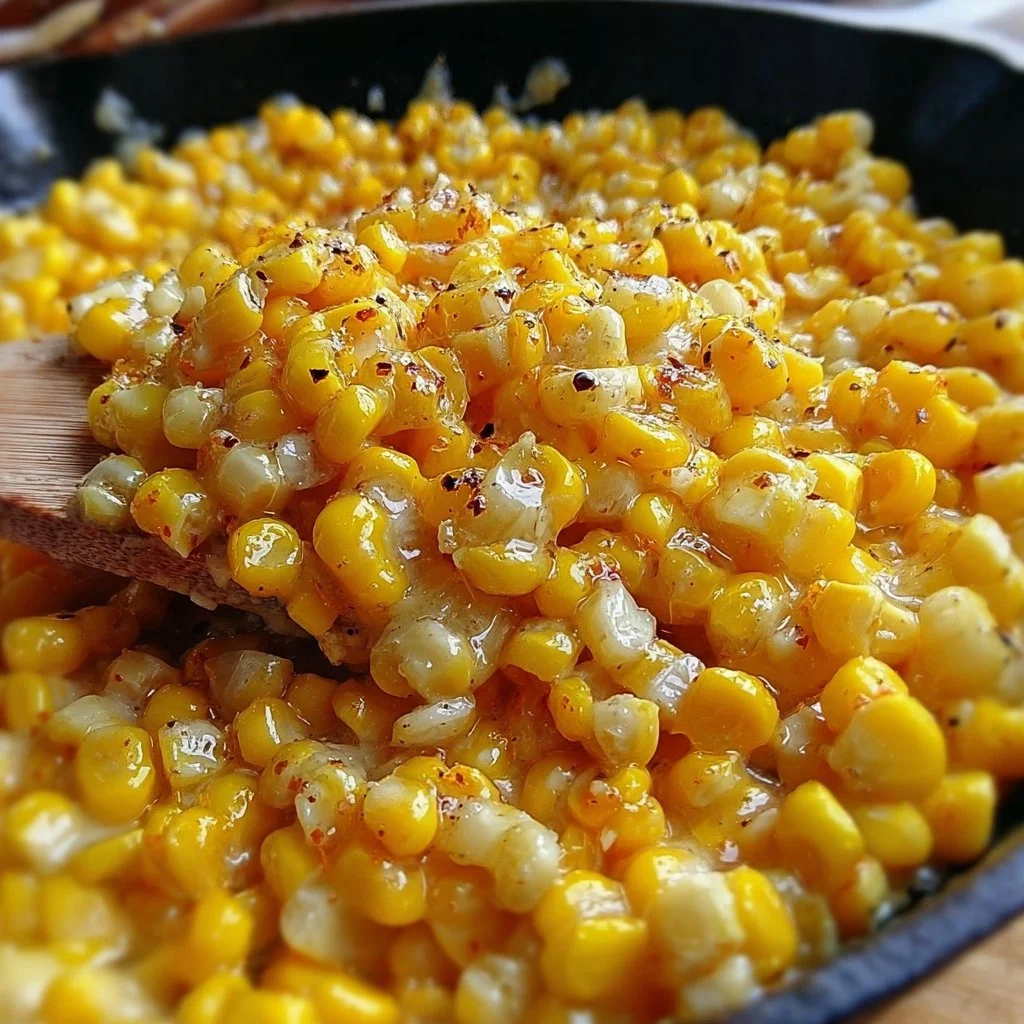 Delicious honey butter skillet corn in a rustic pan