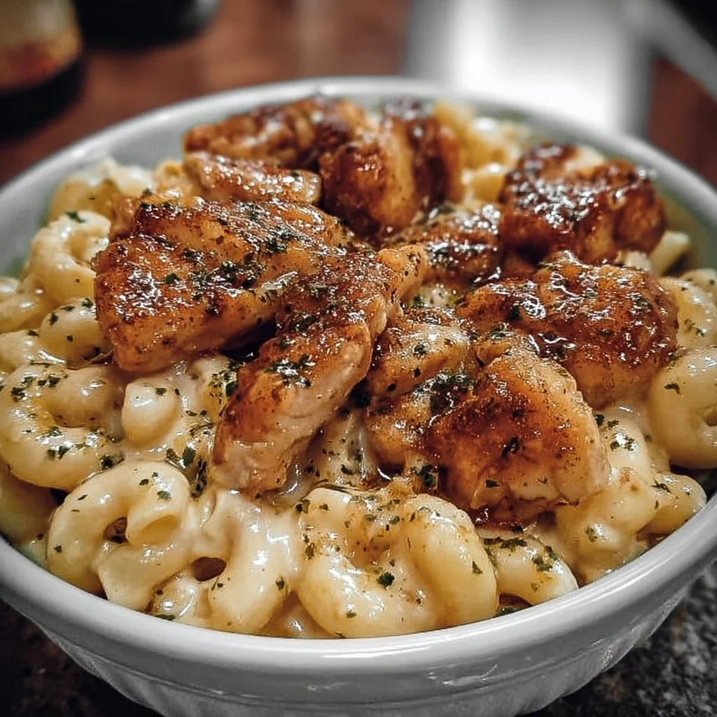 Honey Pepper Chicken Mac and Cheese dish served in a bowl